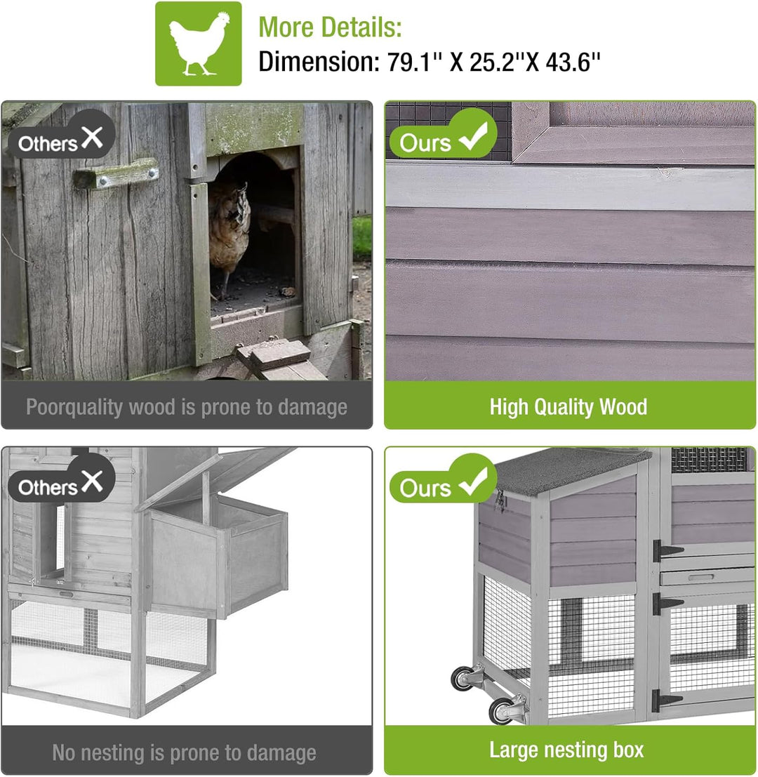 MEDEHOO Large Metal Chicken Coop Run with Mobile, 79.1in Poultry Cage with Waterproof&amp;Anti-UV Cover, Outdoor Chicken Pen for 4-6 Chickens, Ducks AIR7008-G-MA-WM