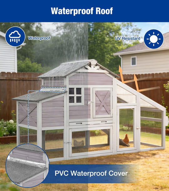 MEDEHOO Mobile Chicken Coop with Run, Large Wooden Chicken House with Wheels, Duplex Hen House with Nesting Box, Slide-Out Tray, Waterproof Roof, Accommodates 2-4 Chickens - Grey