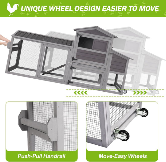 MEDEHOO Chicken Coop 80in Mobile Chicken House with Run Portable Wooden Poultry Cage with Nesting Box Rabbit Hutch on Wheels,Movable AIR61-J-WM