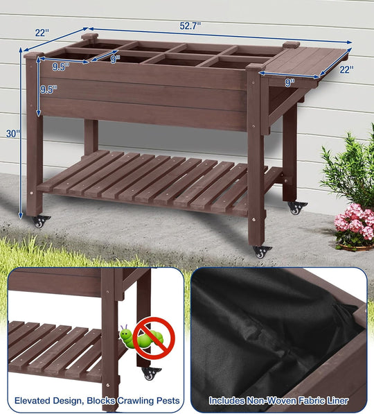 MEDEHOO Raised Garden Bed Outdoor with Wheels, 52.7" Elevated Wooden Garden Bed with 8 Planter Boxes, Removable Dividers, Storage Shelf, Standing Mobile Planter with Non-Woven Liner GUT2-WM