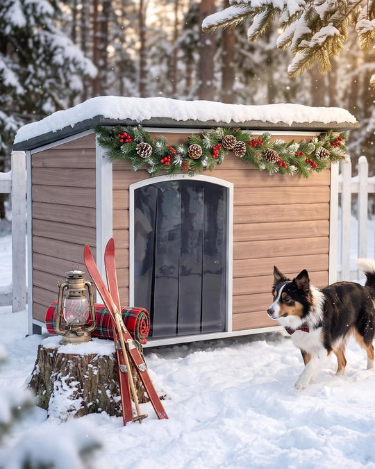 MEDEHOO 43.3" Extra Large Heated Insulated Dog House for Winter Wooden Outdoor Dog Kennel with All-Around Iron Frame-Light Brown AIR76-BM-HP-A12