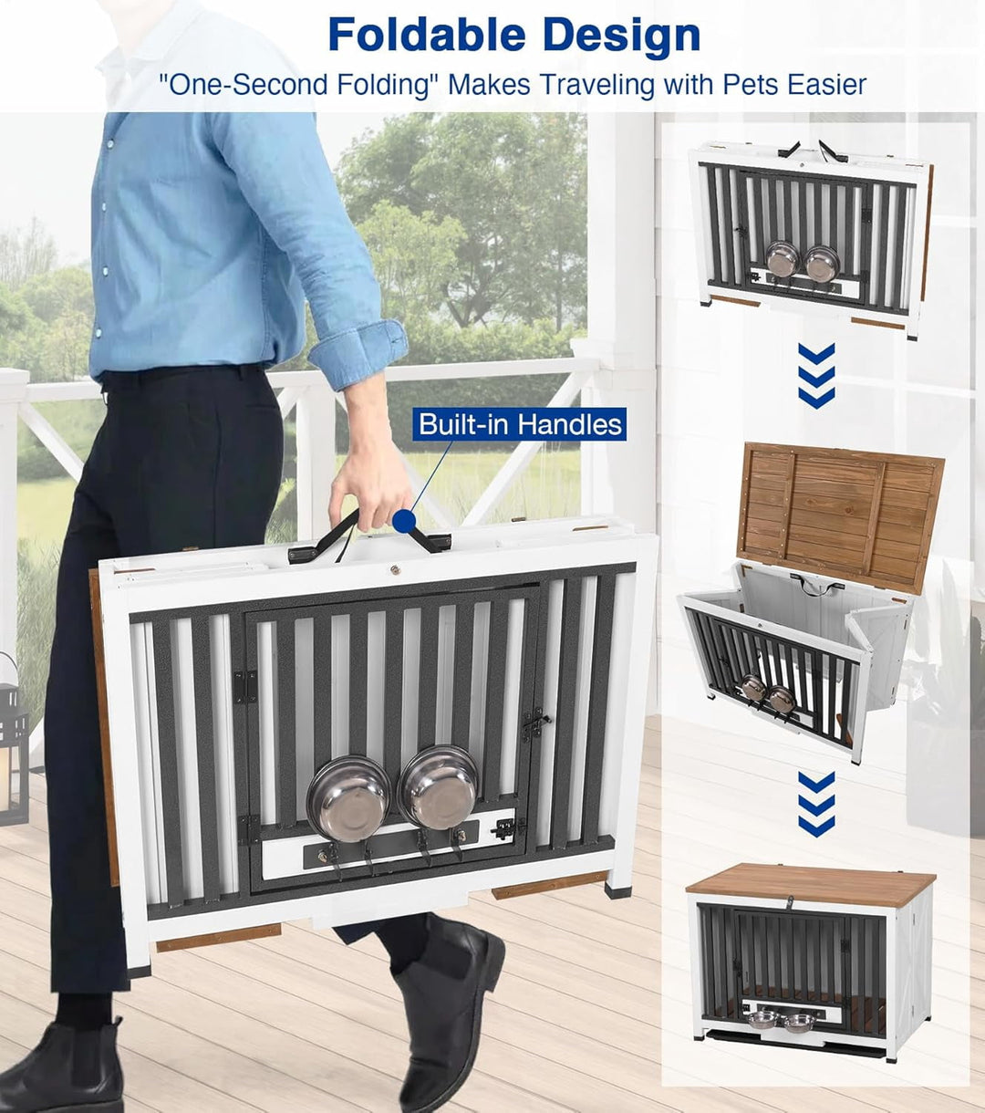 MEDEHOO Dog Crate Furniture, Foldable Wooden Dog Kennel Furniture with 360° Rotating Feeding Bowls, Iron Frame Dog Crate with Deepened Sliding Tray, 33" L - White Brown