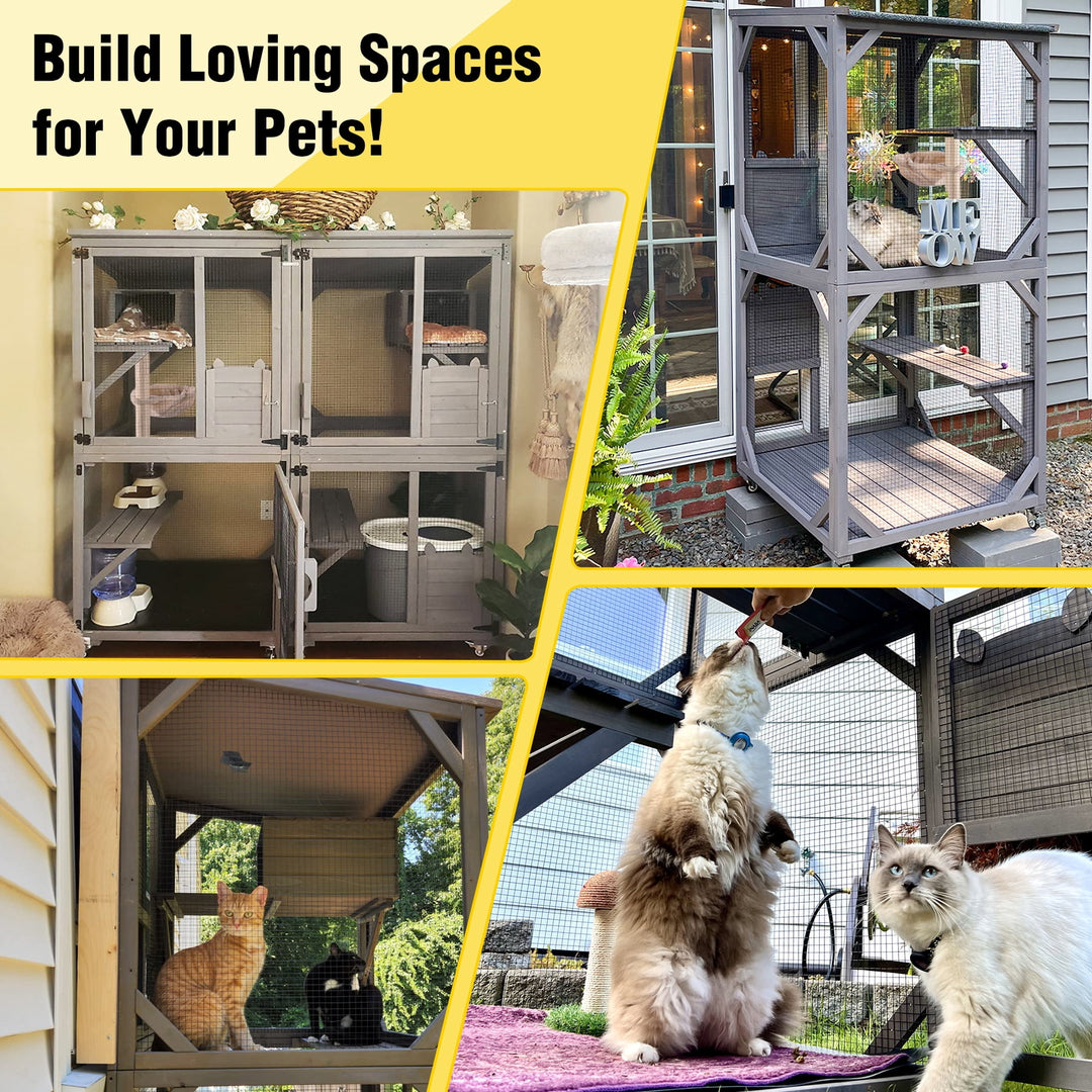 MEDEHOO 71" Large Catio Outdoor Cat Enclosure, Mobile Catio Enclosure Indoor On Wheels with Scratch Post, Hammock, Resting Box, Platform, Tarp Roof