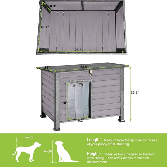 MEDEHOO Indoor Outdoor Dog House, Anti-Chewing Iron Frame Dog Kennel, Wood Warm Pets Home,Weatherproof Outside Shelter for Feral Animal 33.5" (L) X 22" (W) X 25.2" (H) Grey AIR073-WM