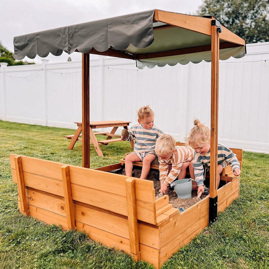 MEDEHOO Wooden Sandbox with Cover | Large Sandpit for Kids Outdoor with Adjustable Canopy Backyard Play with Movable Toy Bins GUT080-WM
