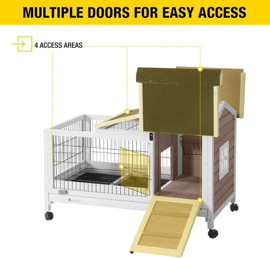 MEDEHOO Rabbit Hutch Indoor Bunny Cage Outdoor Bunny House with Wire Floor Leakproof Plastic Tray, Brown