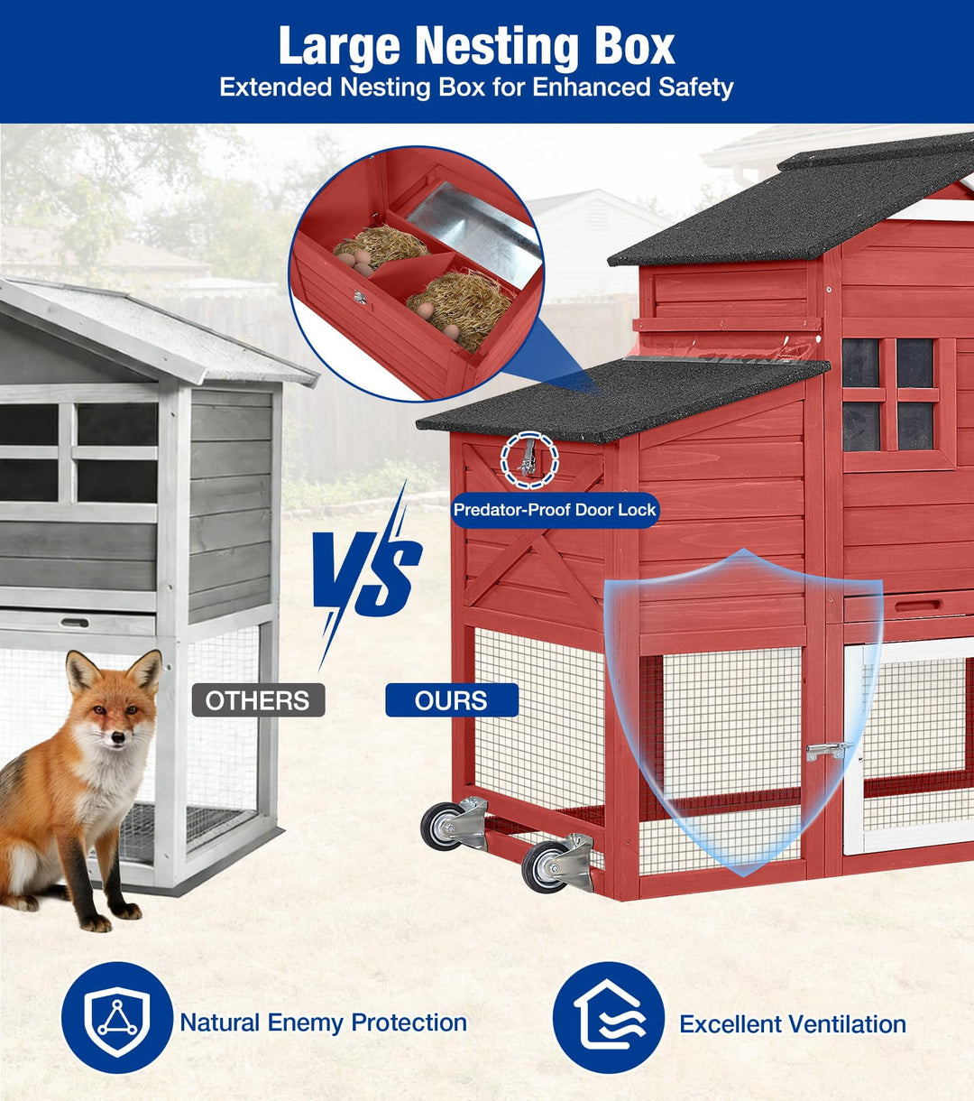 MEDEHOO 73" Mobile Chicken Coop with Run for 2-4 Chickens, Large Wooden Hen House with Nesting Box, 2 Perches and Easy-Clean Pull-Out Tray, Gray AIR32-R-9-AD-2-WM