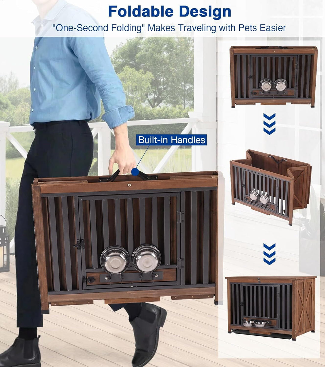 MEDEHOO Dog Crate Furniture, Foldable Wooden Dog Kennel Furniture with 360° Rotating Feeding Bowls, Iron Frame Dog Crate with Deepened Sliding Tray , 39.4" L Brown