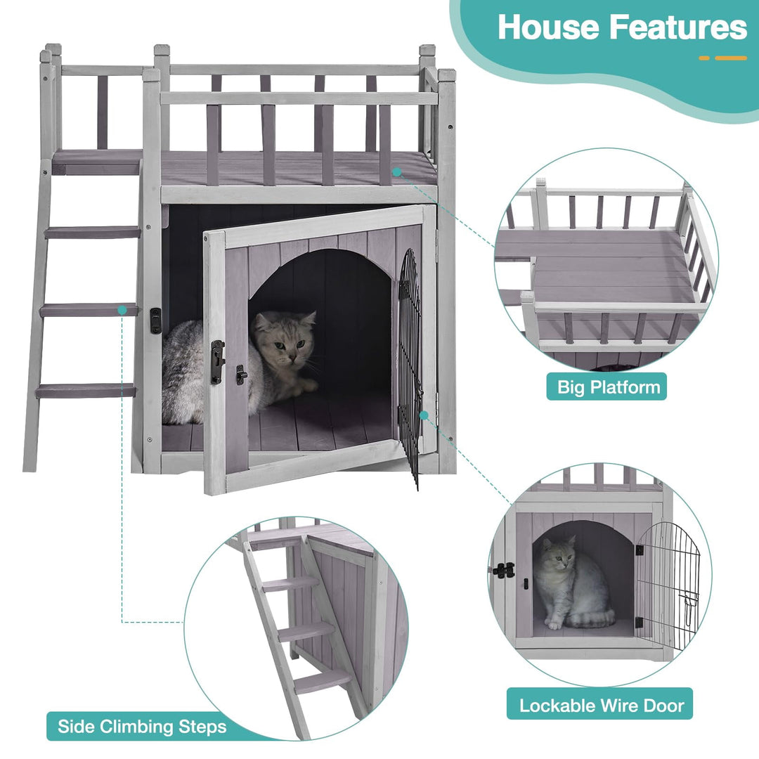 MEDEHOO Wooden Cat House Outdoor Kitty Shelter Pet Houses with Stairs, 2 Storys