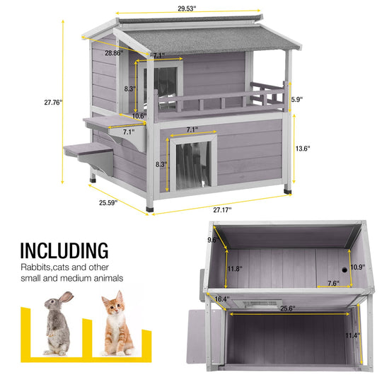 MEDEHOO Outdoor Cat House Wooden Winter Weatherproof Feral Cat Shelter with Balcony AIR33-WM