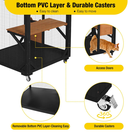 MEDEHOO Catio Outdoor Cat Enclosure with Wheels, Resting Box, Cat Scratching Post, Jumping Platform, Outdoor Cat House for Cats, Brown AIR7014-WM