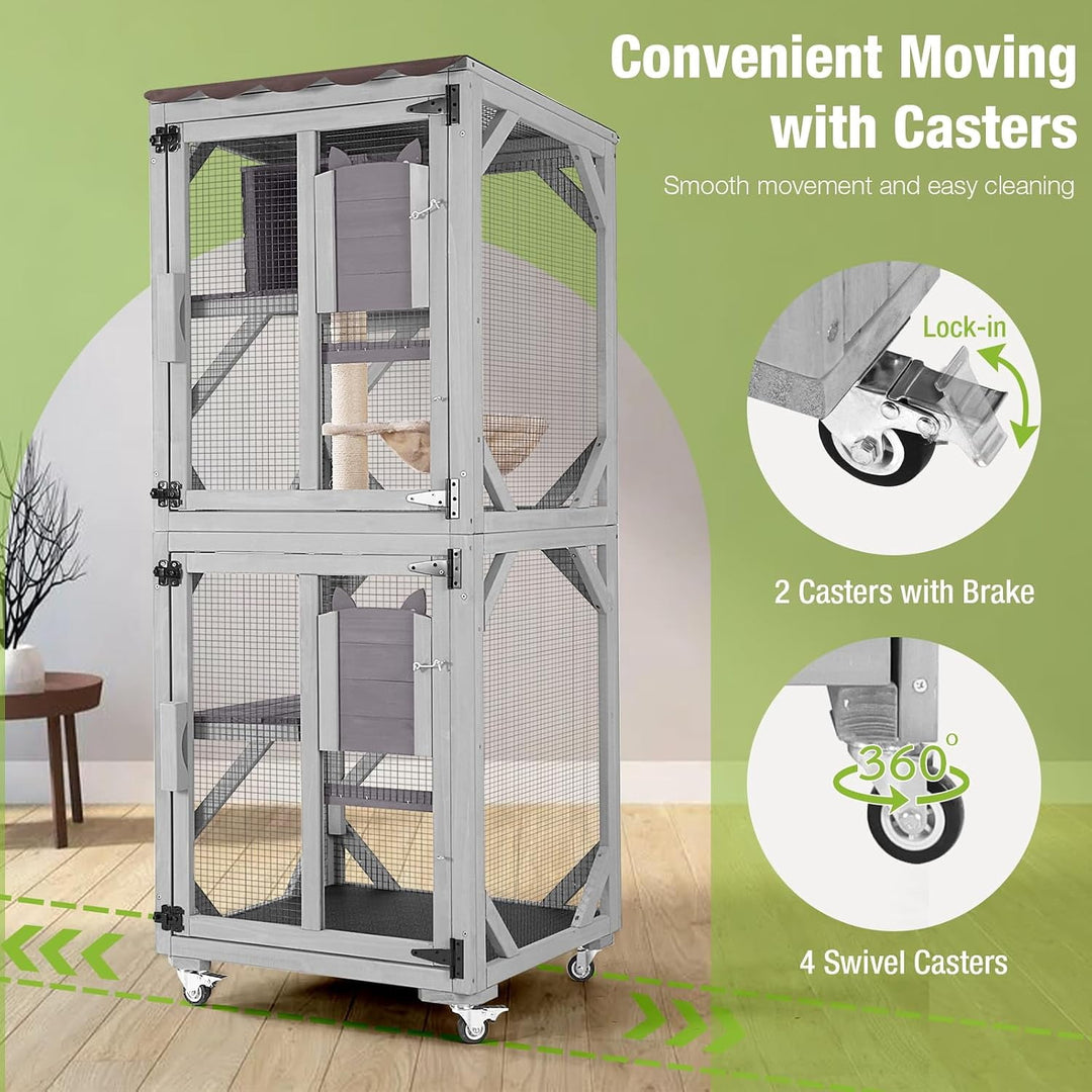 MEDEHOO Catio Outdoor Cat Enclosure with Wheels, Outdoor Cat House with Weatherproof Roof, 3 Platforms, Large Window Catio Portable Cat Cage Indoor for 2-3 Cats, 23.4" D x 24.5" W x 62.8" H - Grey AIR22-M-1-WM