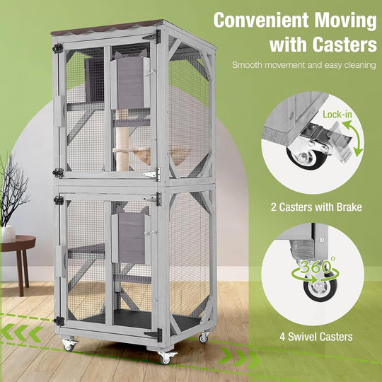 MEDEHOO Catio Outdoor Cat Enclosure with Wheels, Outdoor Cat House with Weatherproof Roof, 3 Platforms, Large Window Catio Portable Cat Cage Indoor for 2-3 Cats, 23.4" D x 24.5" W x 62.8" H - Grey AIR22-M-1-WM