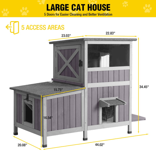 MEDEHOO Outdoor Cat House, Waterproof 2-Story Feral Cat Shelter for Outdoor and Indoor Use, Gray