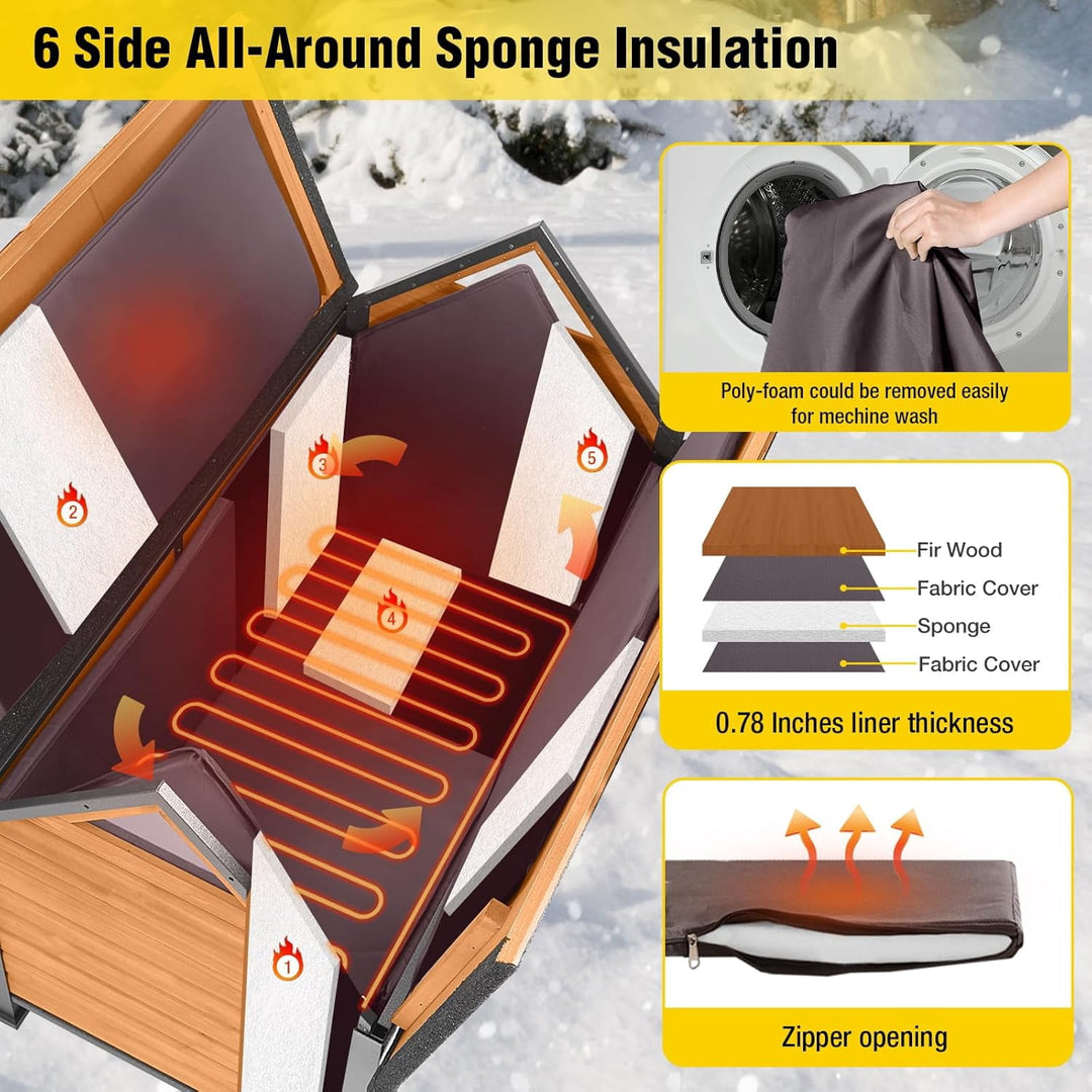 MEDEHOO Heated Dog House with Insulated Liner Wooden Anti-Chewing Metal Frame Dog Kennel