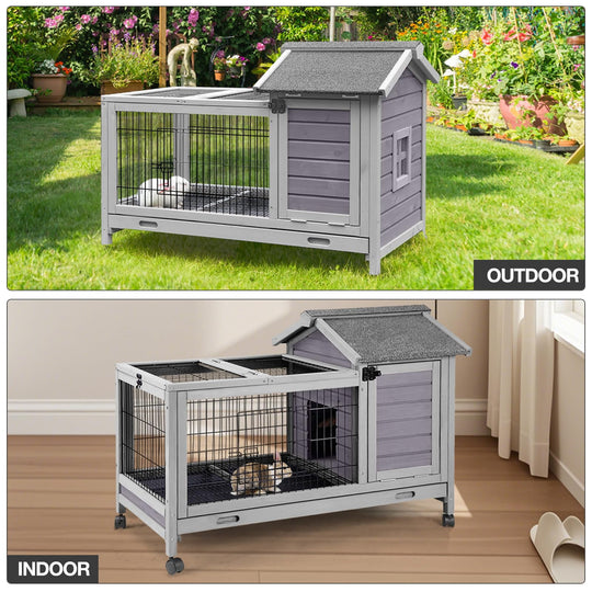 MEDEHOO Rabbit Hutch with Wheels for Indoor Outdoor, Wooden Rabbit Cage with Removable Wire Netting &amp; Leak Proof Tray, Mobile Bunny Cage, Gray AIR24-ML-WM