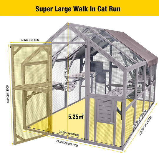 MEDEHOO Catio Outdoor Cat Enclosure Large Cat Run with Bridges, Walks, Small Houses, Roof Cover 110" AIR52-PA-WM