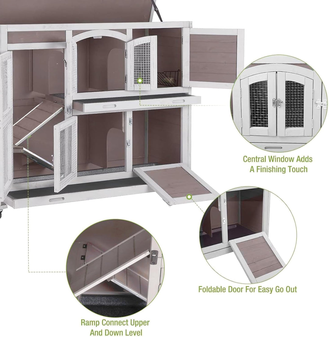 MEDEHOO 2-Tier Indoor Rabbit Hutch Bunny Hutch Guinea Pig Cage with Plastic Trays, Wheels &amp; Ramp 47.2" Multi-Door Wooden Rabbit Cage for Rabbits, Bunnies, and Guinea Pigs (Brown) AIR006-D-WM