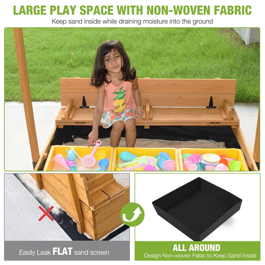 Sandbox with Lid and Cover for Kids Outdoor Sand Box with 3 Toy Bins, 2 Foldable Bench Seats, Adjustable Canopy and Sand Protection Liner, 47.2" L x 47.2" W x 51.9" H GUT08-N