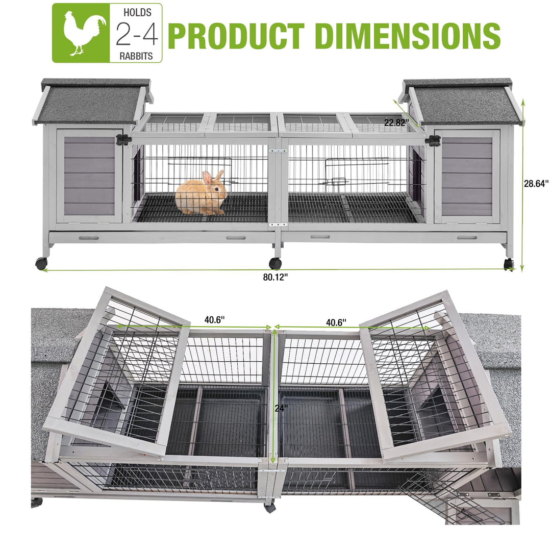 MEDEHOO Rabbit Hutch Outdoor Bunny Cage Indoor with Large Space Guinea Pig House on Wheels 10.4 ft², No Leak Trays, Run AIR68-Y
