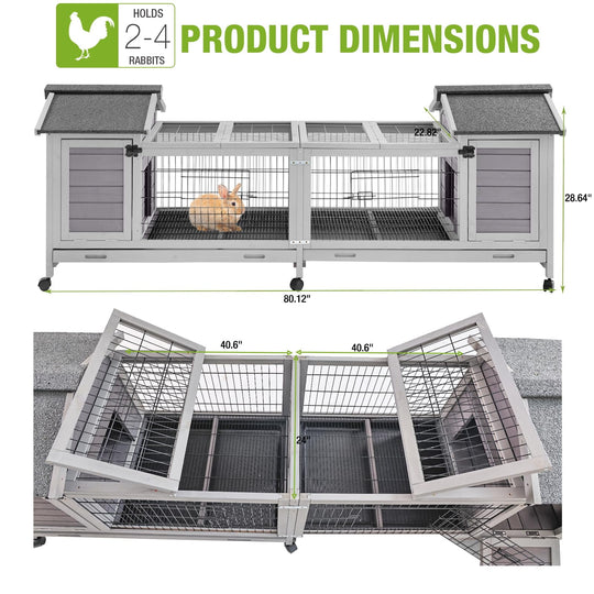 MEDEHOO Rabbit Hutch Outdoor Bunny Cage Indoor with Large Space Guinea Pig House on Wheels 10.4 ft², No Leak Trays, Run AIR68-Y
