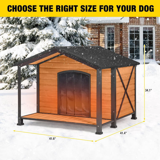 MEDEHOO Heated Outdoor Dog House - Weatherproof Insulated Wooden Shelter with Iron Frame, Large Porch for Medium &amp; Large Dogs, Indoor/Outdoor Kennel(XL)