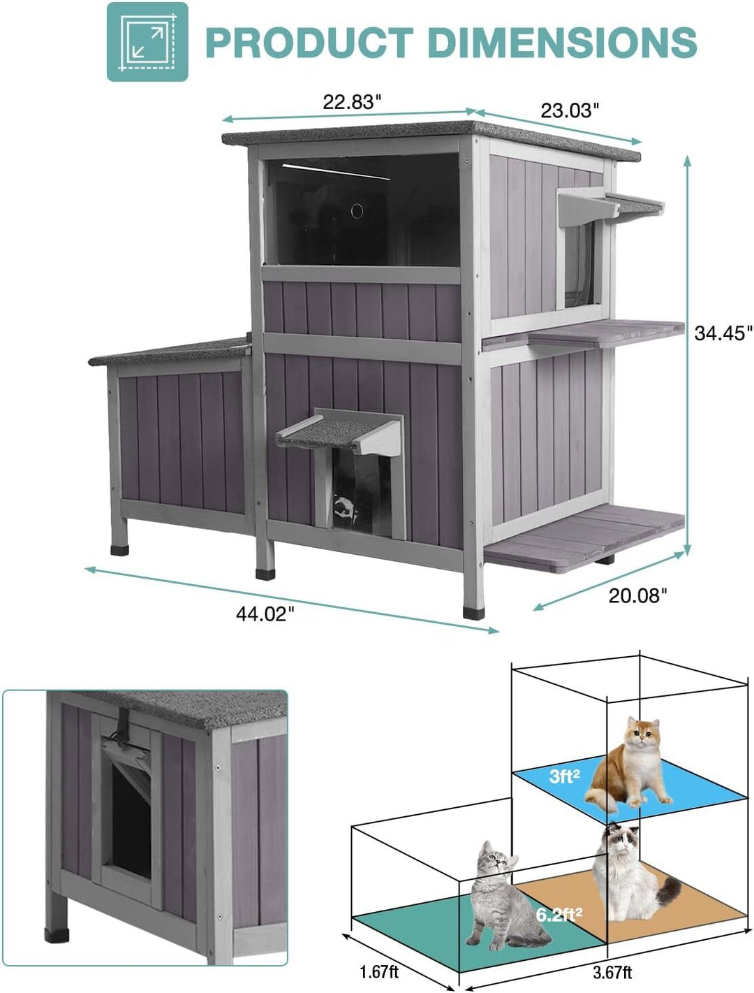 MEDEHOO Outdoor Cat House Weatherproof, Two-Story Wooden Cat Shelter with Escape Door, PVC Curtains, Removable Floor &amp; Waterproof Roof, Raised Outside Cat House for Feral Cats