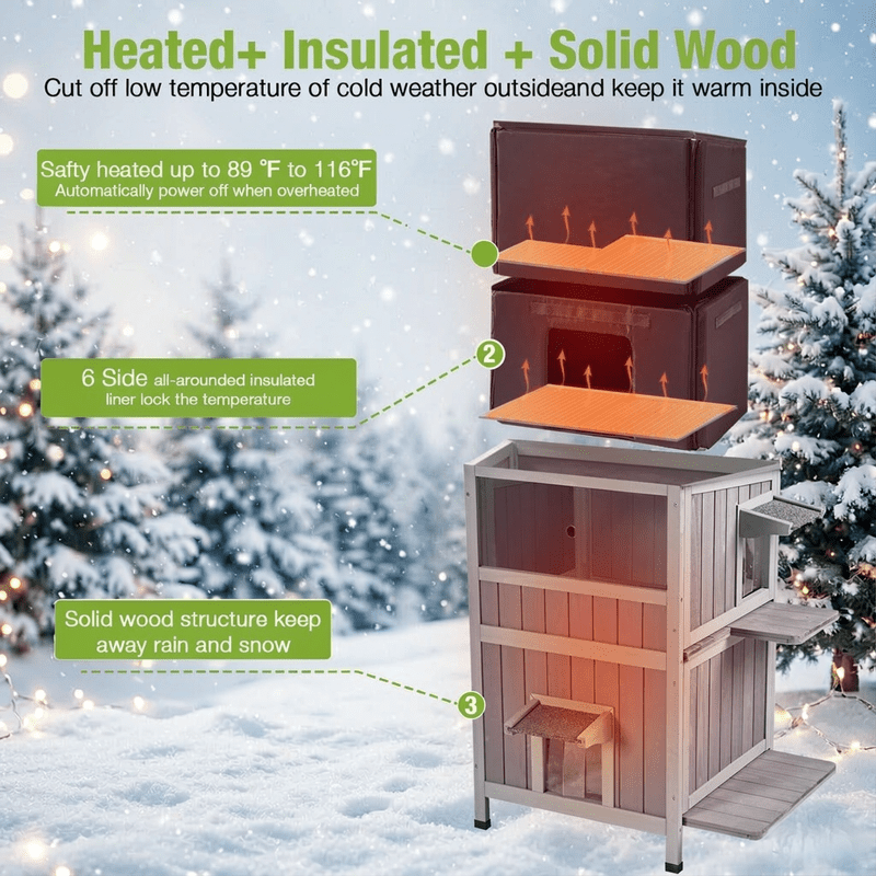 MEDEHOO 2-Story Heated Outdoor Cat House for 1-4 Cats, Insulated Wooden Feral Shelter with Heating Pad, Liner &amp; Escape Doors,Gray