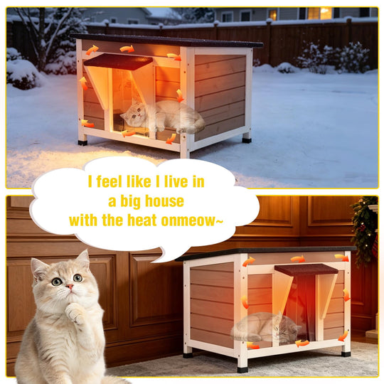 MEDEHOO Insulated Outdoor Cat House, Weatherproof Wooden Feral Cat Shelter with 6-Side Washable Thermal Liner