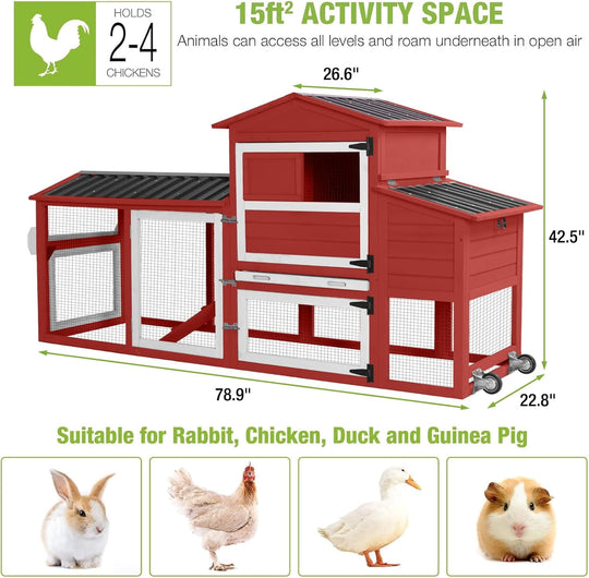 MEDEHOO 80" Mobile Chicken Coop with Wheels – Expandable Waterproof Hen House, Wooden Poultry Cage with Nesting Box &amp; Pull-Out Tray for 2-4 Chickens (Red)