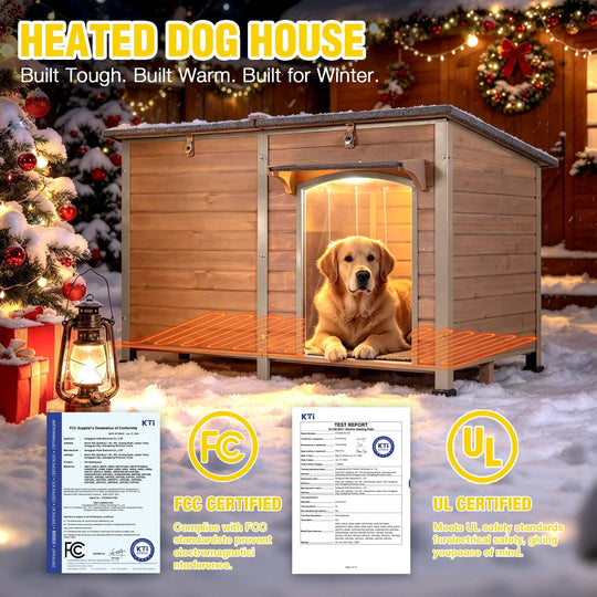 MEDEHOO Extra Large Heated Dog House Insulated Dog Kennel Winter Shelter with Safe Thermostat-Controlled Heating Pad, Chew-Proof Metal Frame, 6-Sided Thermal Liner for Large Dog Breeds (Brown) AIR63-CG-HP-A11-WM