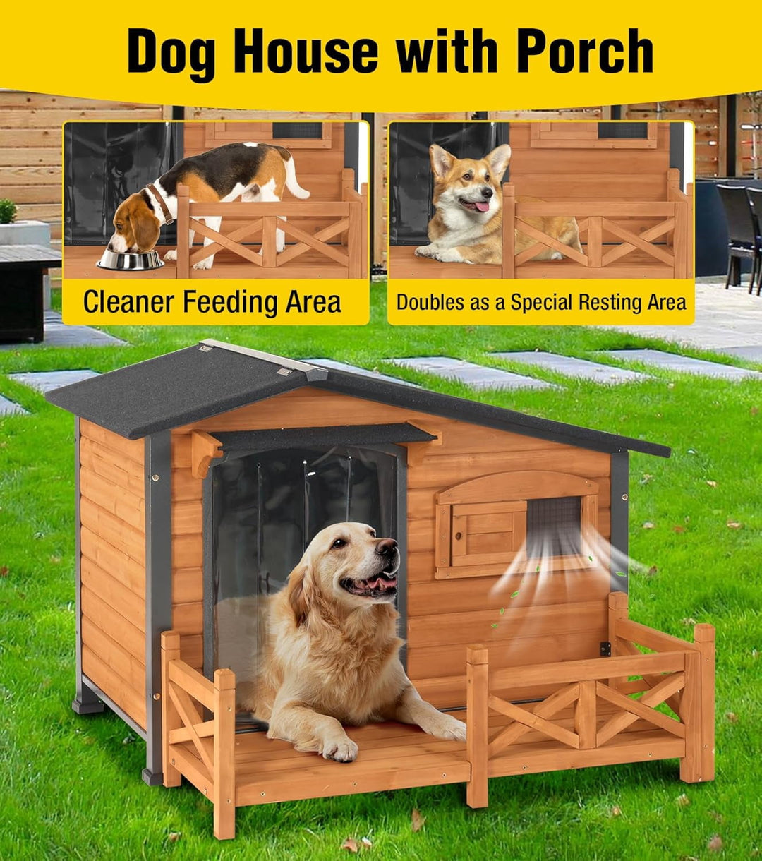 MEDEHOO Dog House Outdoor with Anti-Chewing Metal Frame, Wooden Dog Kennel with Sliding Window, Detachable Floor, Weatherproof Roof - Natural