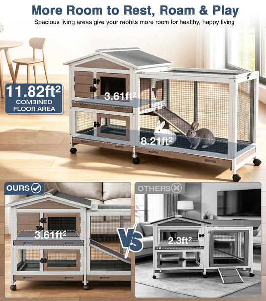 MEDEHOO 62"L Rabbit Cage Indoor Rabbit Hutch on Wheels with Chew-Proof Ramp and Pull Out Tray Bunny Hutch Guinea Pig Cage with Run Brown
