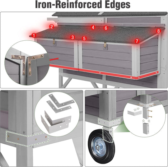 MEDEHOO 68.1" Extra Large Chicken Coop with Super Large Wheels, Mobile Hen House Poultry Cage with Strong Iron Frame, Outdoor Chicken House with 4 Nesting Boxes, 4 Perches for 6-8 Chickens MEDE-AIR97-MA-WM