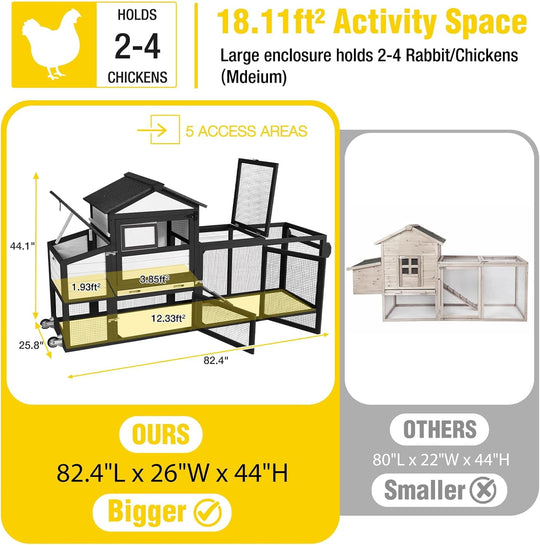 MEDEHOO 82.4" Chicken Coop with Wheels, Large Hen House with Run, Chicken Cage for 4-6 Chickens, Weatherproof Asphalt Roof, Nesting Box &amp; Pull-Out Tray (Black)
