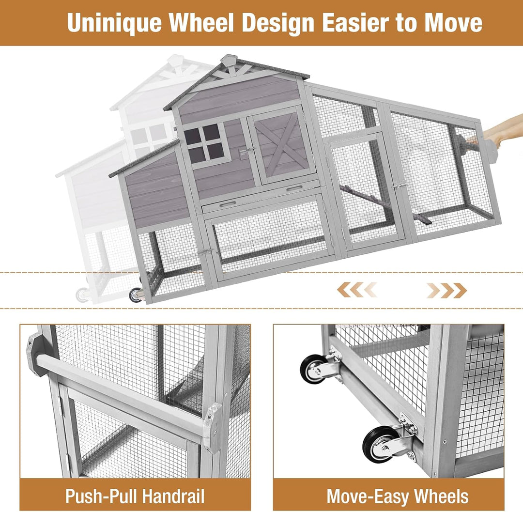 MEDEHOO 73.4" Large Chicken Coop with Wheels for Outdoor, Mobile Chicken House with Nest Box &amp; Removable Tray for 2-5 Chickens, Weatherproof Poultry Cage, Gray SKY32-D-WM