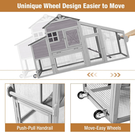 MEDEHOO 73.4" Large Chicken Coop with Wheels for Outdoor, Mobile Chicken House with Nest Box &amp; Removable Tray for 2-5 Chickens, Weatherproof Poultry Cage, Gray SKY32-D-WM