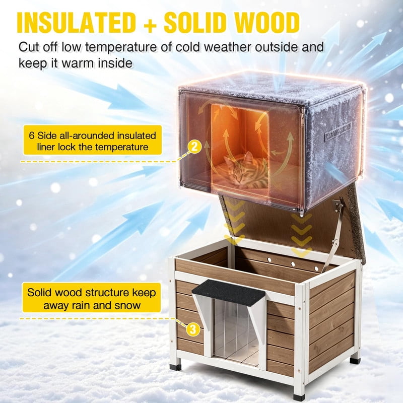 MEDEHOO Insulated Outdoor Cat House 23.6 in, Weatherproof Wooden Feral Cat Shelter with Washable Thermal Liner and Elevated Base, Brown GUT12-WBR-IN-WM