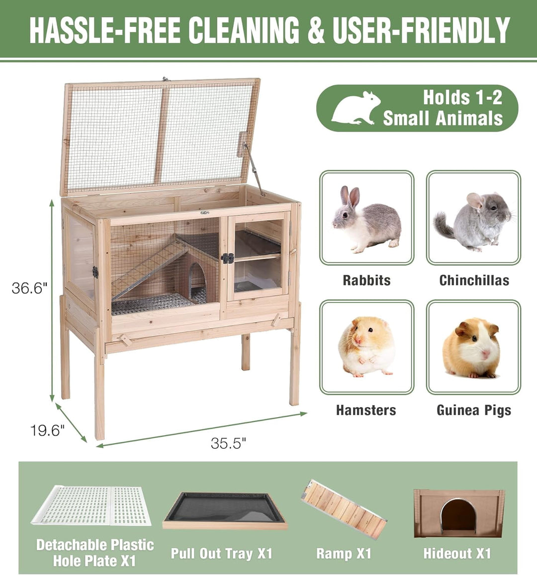 MEDEHOO Guinea Pig Cage Indoor Rabbit Hutch with Chew-Proof Edges - Natural Wood