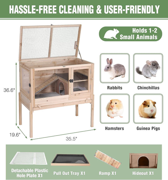 MEDEHOO Guinea Pig Cage Indoor Rabbit Hutch with Chew-Proof Edges - Natural Wood