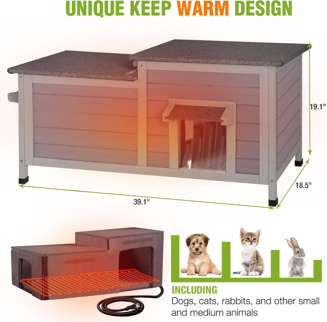 MEDEHOO Large Heated Cat House Outdoor Insulated Cat House 2-Room Weatherproof Outside Shelter with Safety Heating Pad Extra Entrances for 2-3 Cats