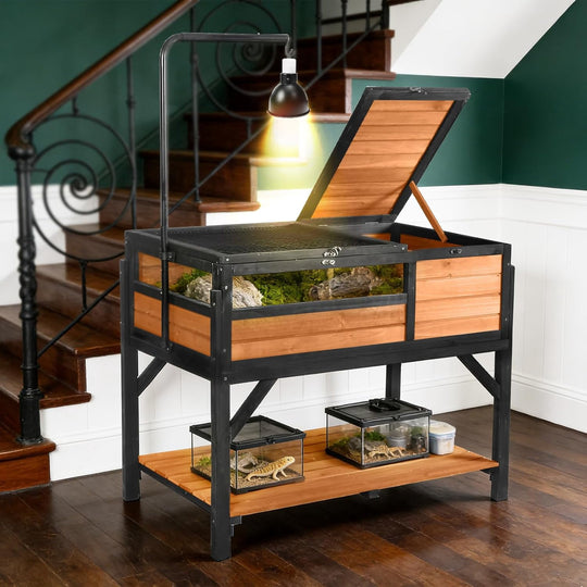 MEDEHOO Tortoise Habitat Turtle Enclosure, Wooden Tortoise House Reptile Cage for Small Animals, Reptile Tank with Large Storage Shelf AIR70B-WM
