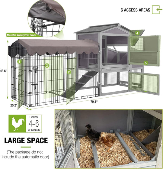 MEDEHOO Chicken Coop with Wheels Large Mobile Chicken House with Metal Run Outdoor Poultry Cage with Waterproof Roof,Nesting Box AIR7008-JO-WM