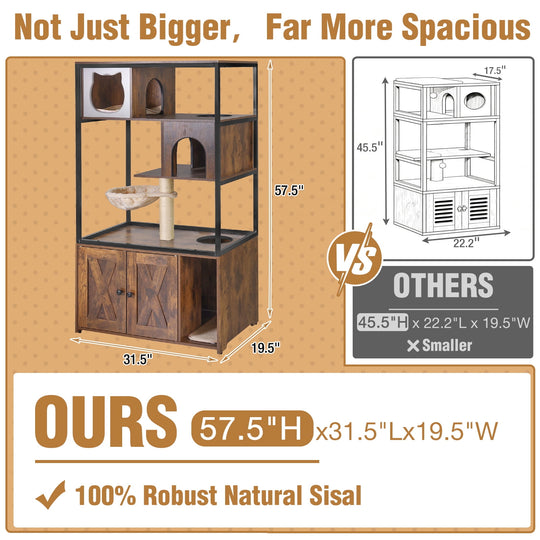 MEDEHOO Cat Litter Box Furniture Enclosure 4 Levels Cat Tree Hidden Cabinet with Storage and Scratch,4 Tiers AIR102-J-WM