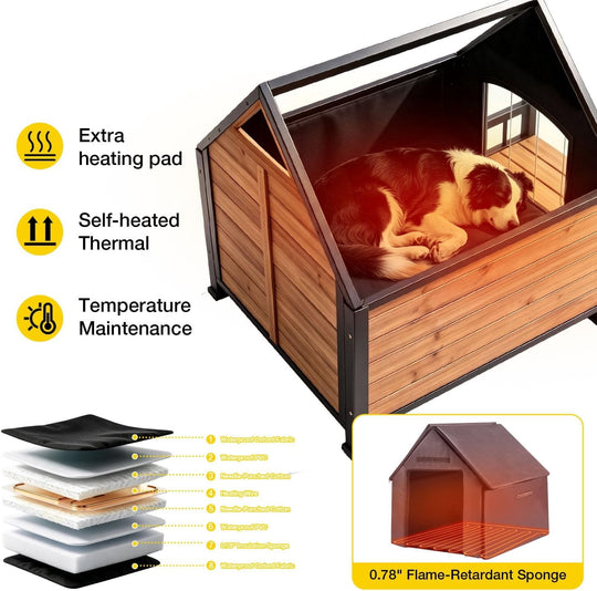 MEDEHOO 45"D Heated Dog House Outdoor, Insulated Weatherproof Shelter with Chew-Proof Metal Frame &amp; Porch (Brown)
