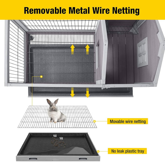 MEDEHOO 41" Mobile Rabbit Hutch with Removable Wire Floor, Wooden Bunny Cage on 4 Wheels with Deep Leak-Proof Plastic Tray, Indoor Outdoor Guinea Pig House, Gray
