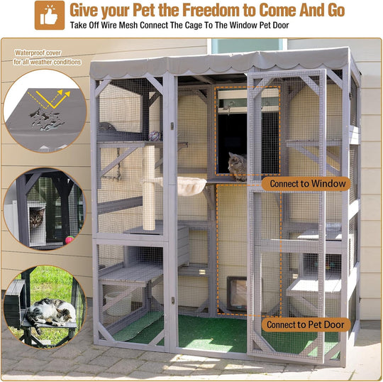 MEDEHOO Large Catio Outdoor Cat Enclosure with Condos, Wood Window Catio Walk in Cat House, Kitty Shelter Indoor with with Door, Platform 70" Gray SKY37-M-WM