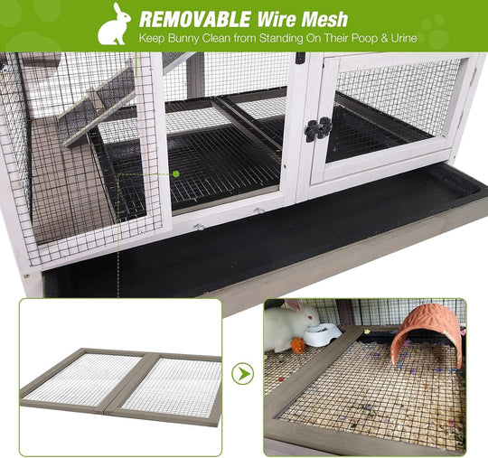 MEDEHOO Large Rabbit Hutch with Removable Wire Netting, 2 Deep Trays, 4 Wheels, Sliding Door, and Extra Access Door - Mocca Color AIR36-BS-WM