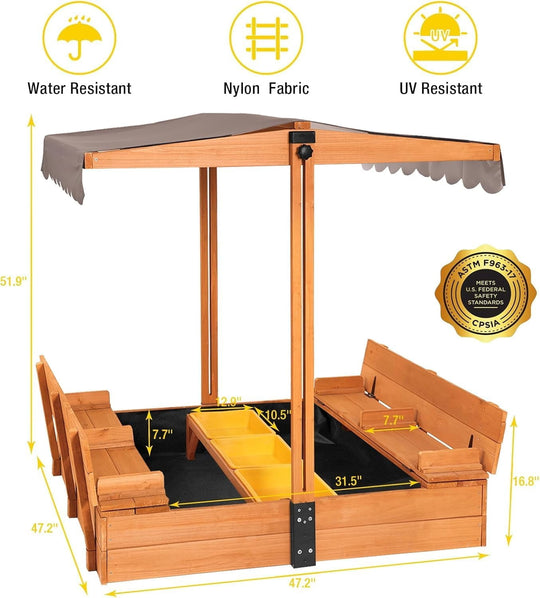 MEDEHOO Kids Sand Boxes with Lid, Kids Outdoor Play Large Sandbox with Covers Foldable Bench Seats and Toy Bin Storage, Upgrade Retractable Roof GUT08-8Y-WM2