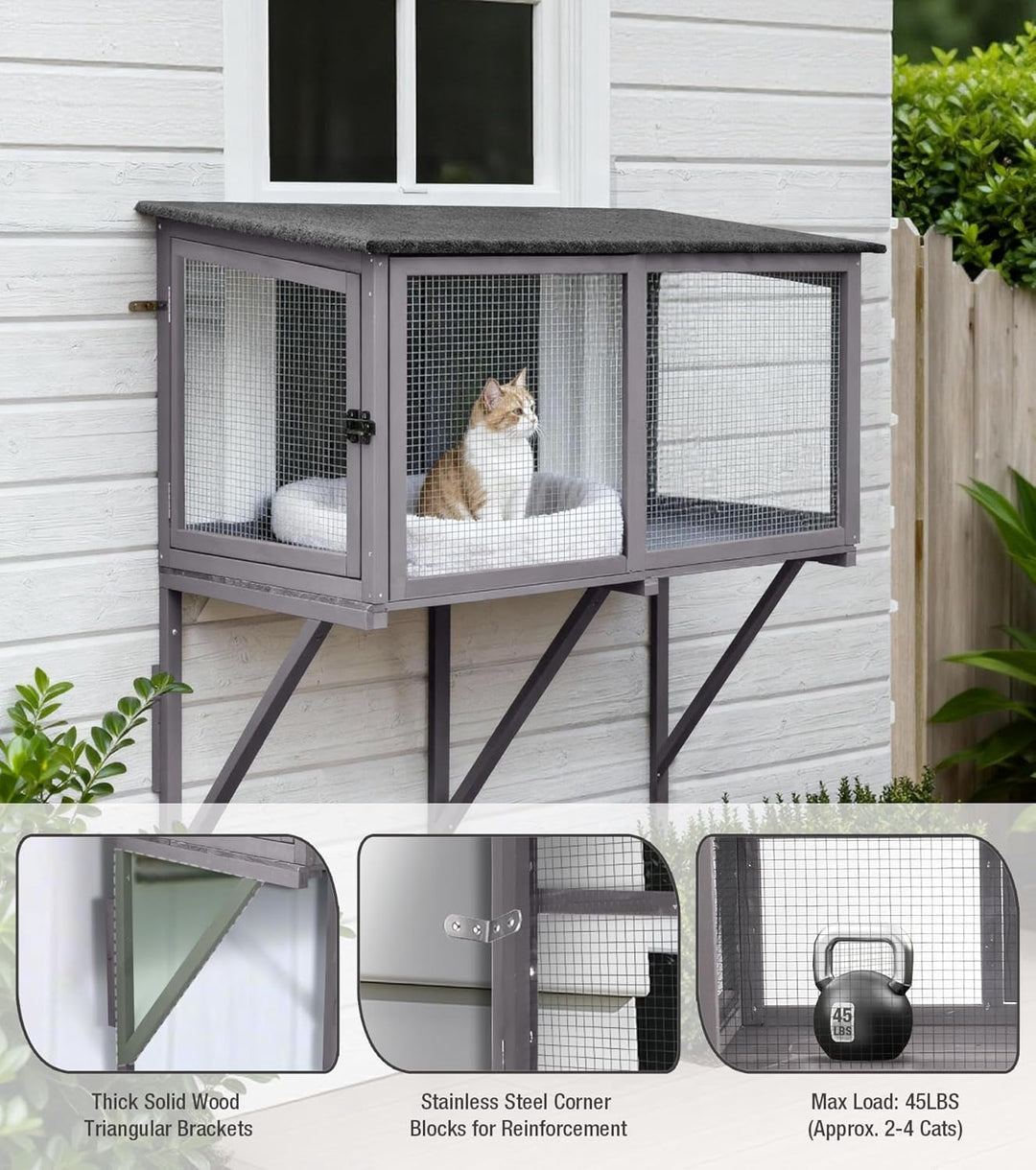 MEDEHOO Cat Window Box, Window Catio Outdoor Cat Enclosure - Weatherproof &amp; UV-Resistant Wooden Catio with 360° Unobstructed View, Mosquito-Proof Design